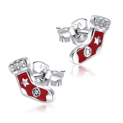 Christmas Sock Red Enamel With CZ Silver Stud Earrings STS-5522